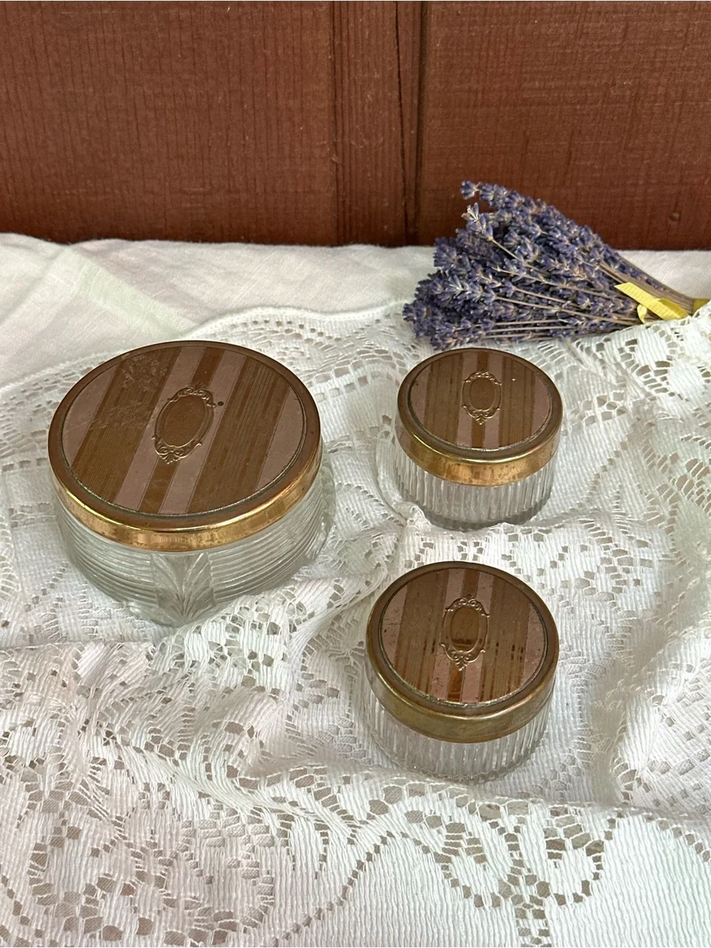 3-Piece Ribbed Clear Glass Vanity Powder Jar Set w/ Gold Tone Metal Lids